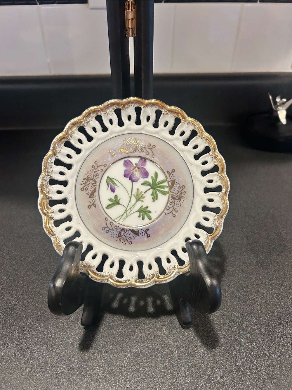Porcelain Floral Accent Plate in White and Purple with Gold Trim- 6 inches